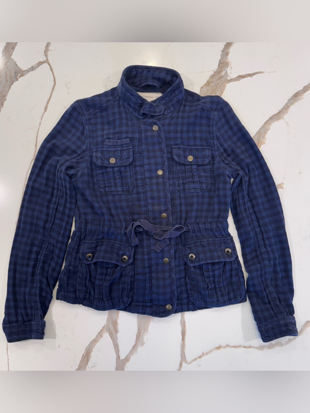 American Eagle Navy Plaid Utility Jacket M Cotton Drawstring Waist 2009 Indie